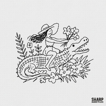 Hand-drawn black and white line art of a girl in a sun hat riding a smiling alligator surrounded by flowers for swamp-themed projects.