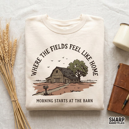 Retro country-themed digital design with a hand-drawn barn, birds, and earth-toned landscape, perfect for autumn apparel and sublimation projects.