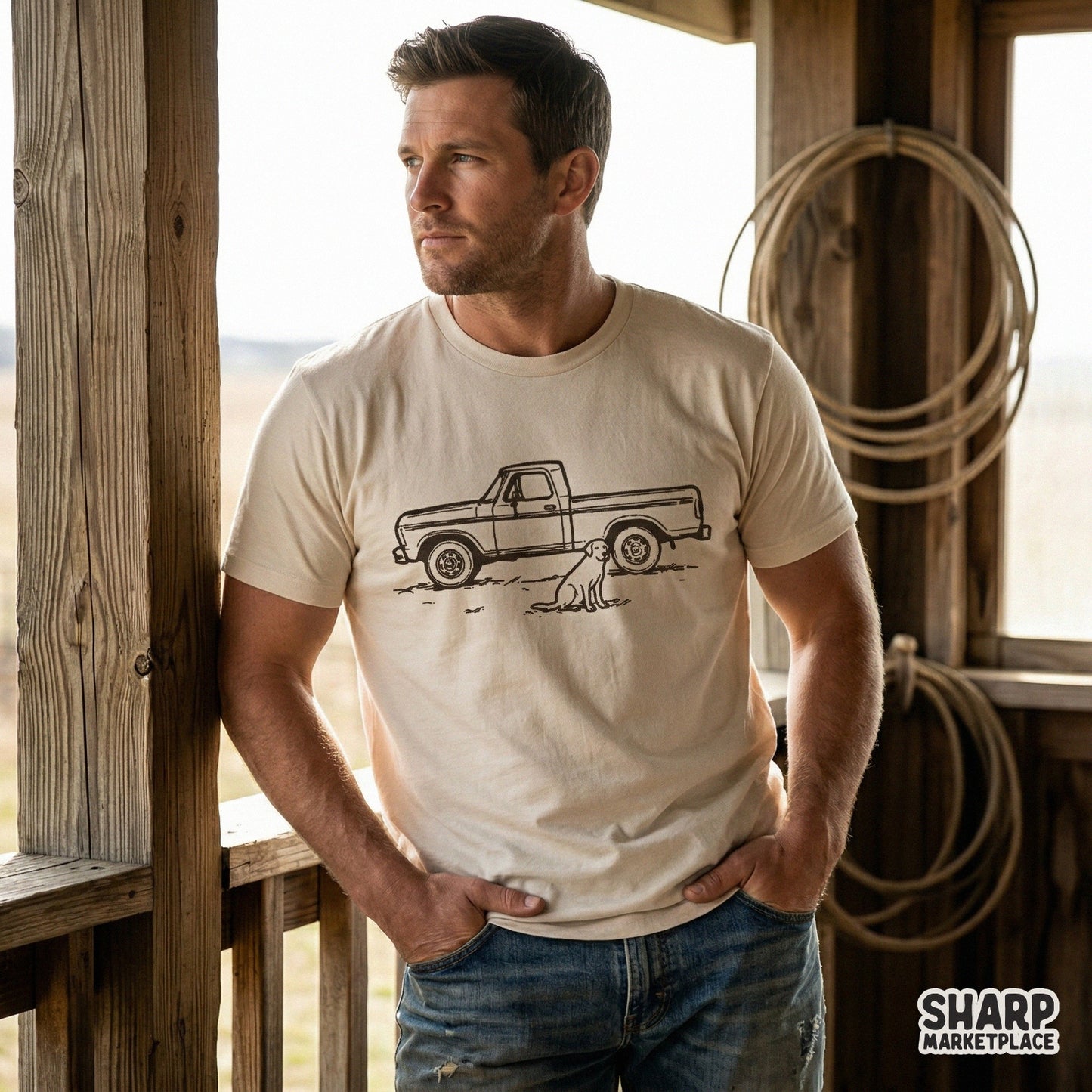 A trendy western-style digital design featuring a hand-drawn classic country truck and a faithful dog, ideal for custom t-shirt printing and apparel.