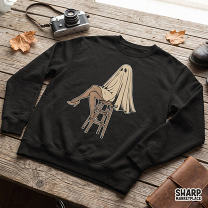 Funny sheet ghost wearing fishnet stockings on a stool Halloween PNG design for spooky season apparel and t-shirts