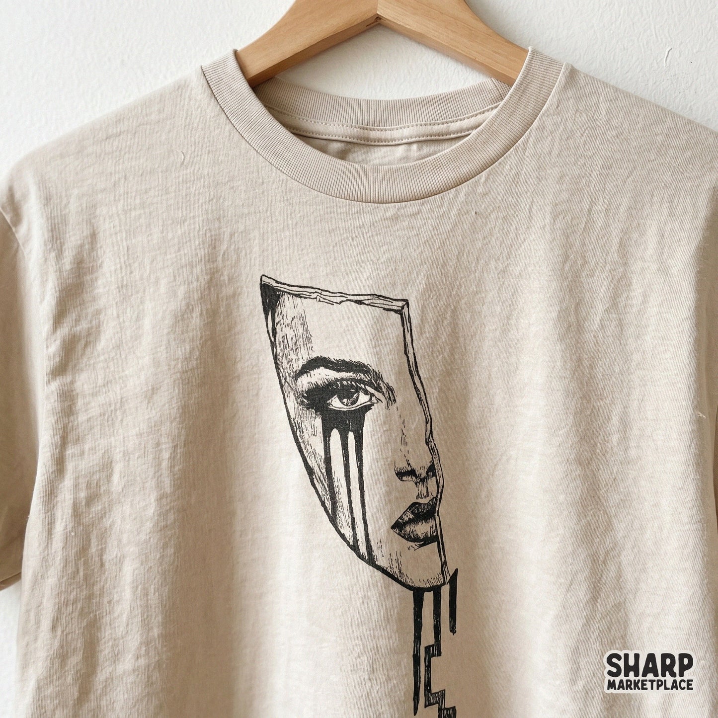 Fragmented face illustration with dramatic black tears, a versatile digital graphic for custom sublimation shirts, stickers, and spooky wall art.