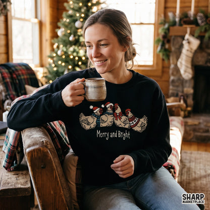 Cute winter chickens in cozy sweaters design for rustic holiday shirts and Christmas PNG sublimation projects