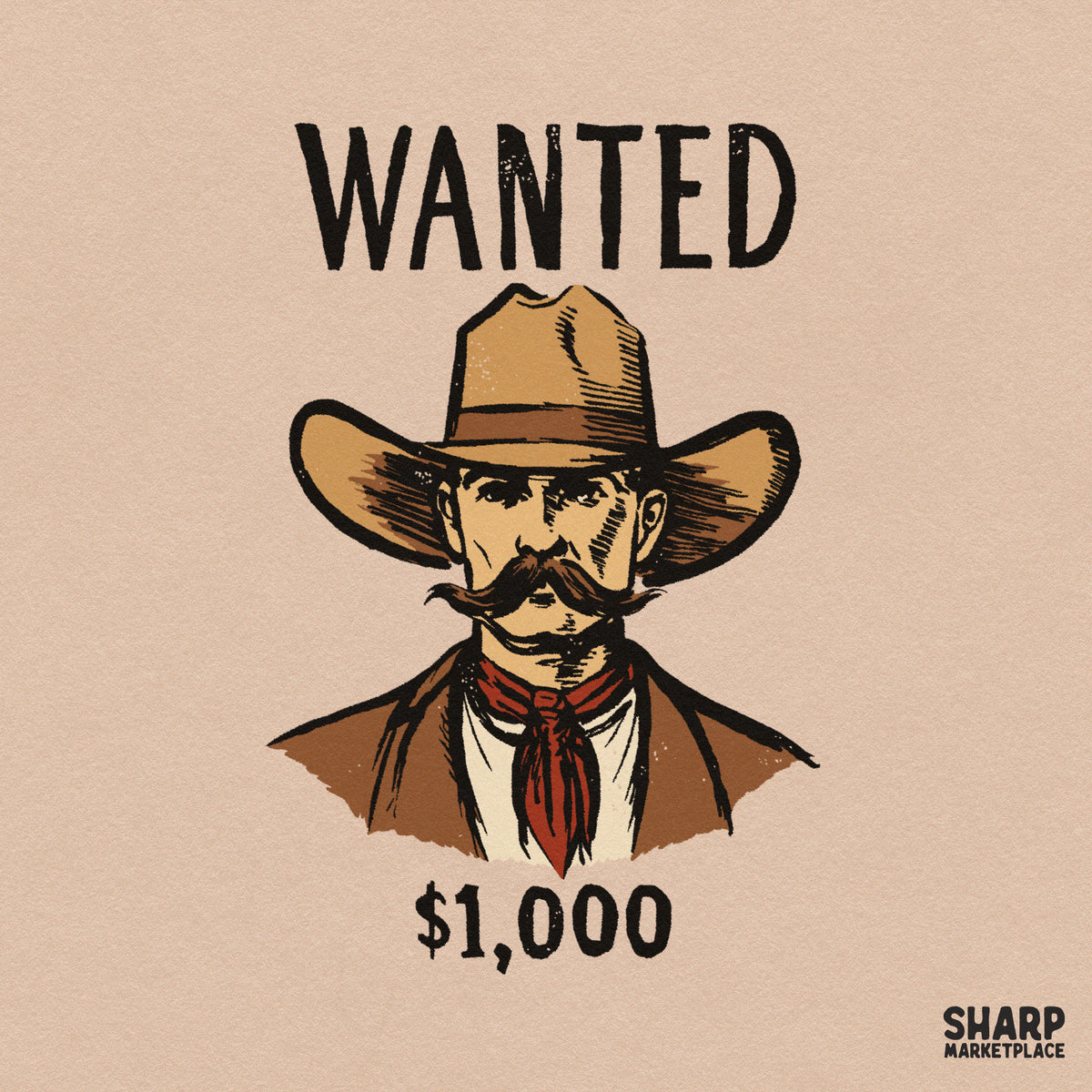 Wanted $1,000 Wild West outlaw cowboy portrait graphic for western PNG shirt designs and digital download crafts