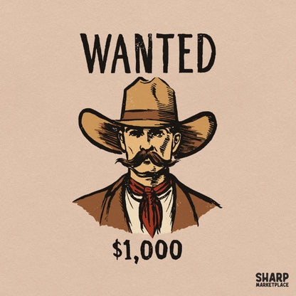 Wanted $1,000 Wild West outlaw cowboy portrait graphic for western PNG shirt designs and digital download crafts