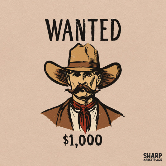 Wanted $1,000 Wild West outlaw cowboy portrait graphic for western PNG shirt designs and digital download crafts