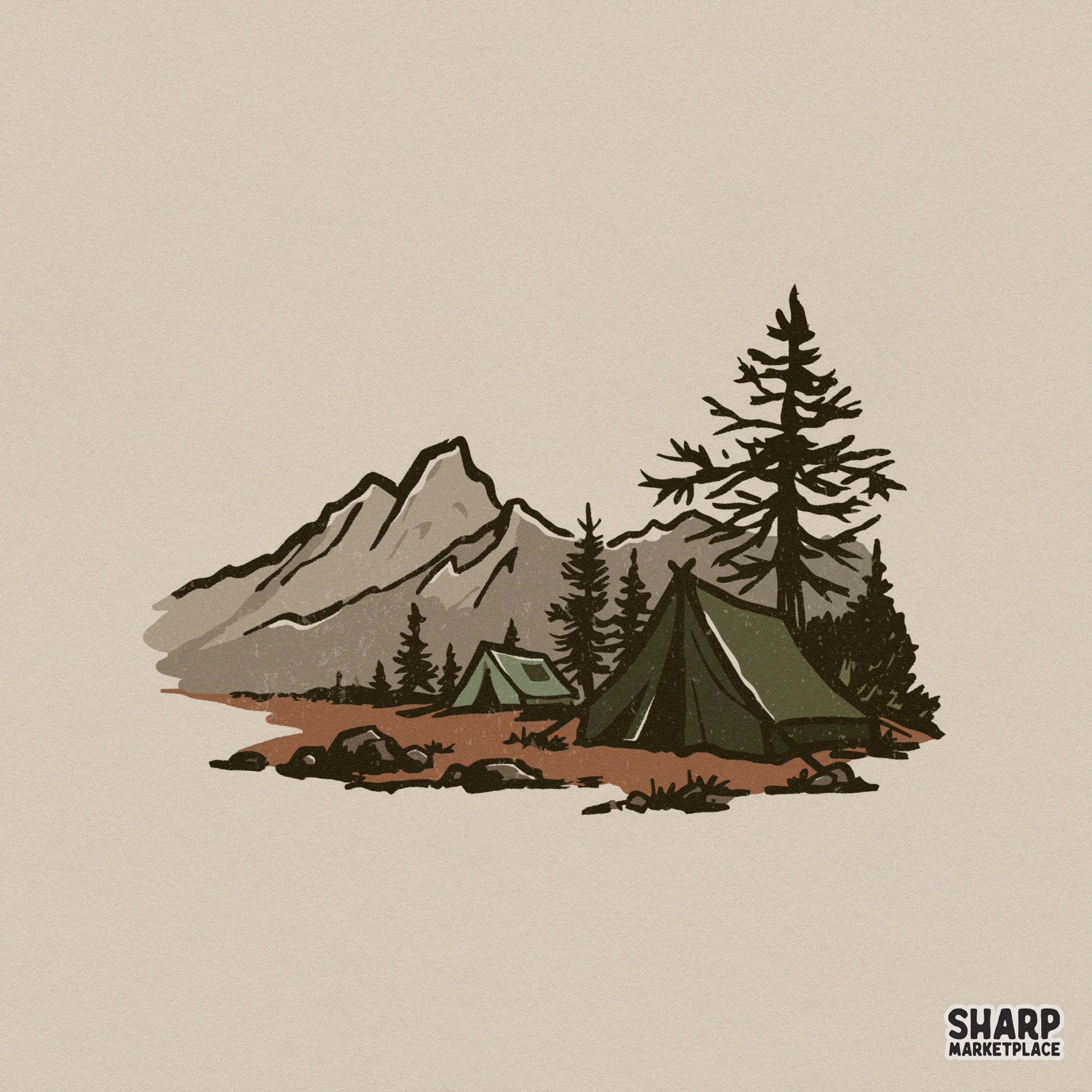 Rustic mountain camping scene digital design featuring a vintage green tent, pine trees, and jagged peaks in earth tones for sublimation projects.