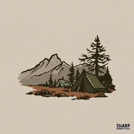 Rustic mountain camping scene digital design featuring a vintage green tent, pine trees, and jagged peaks in earth tones for sublimation projects.