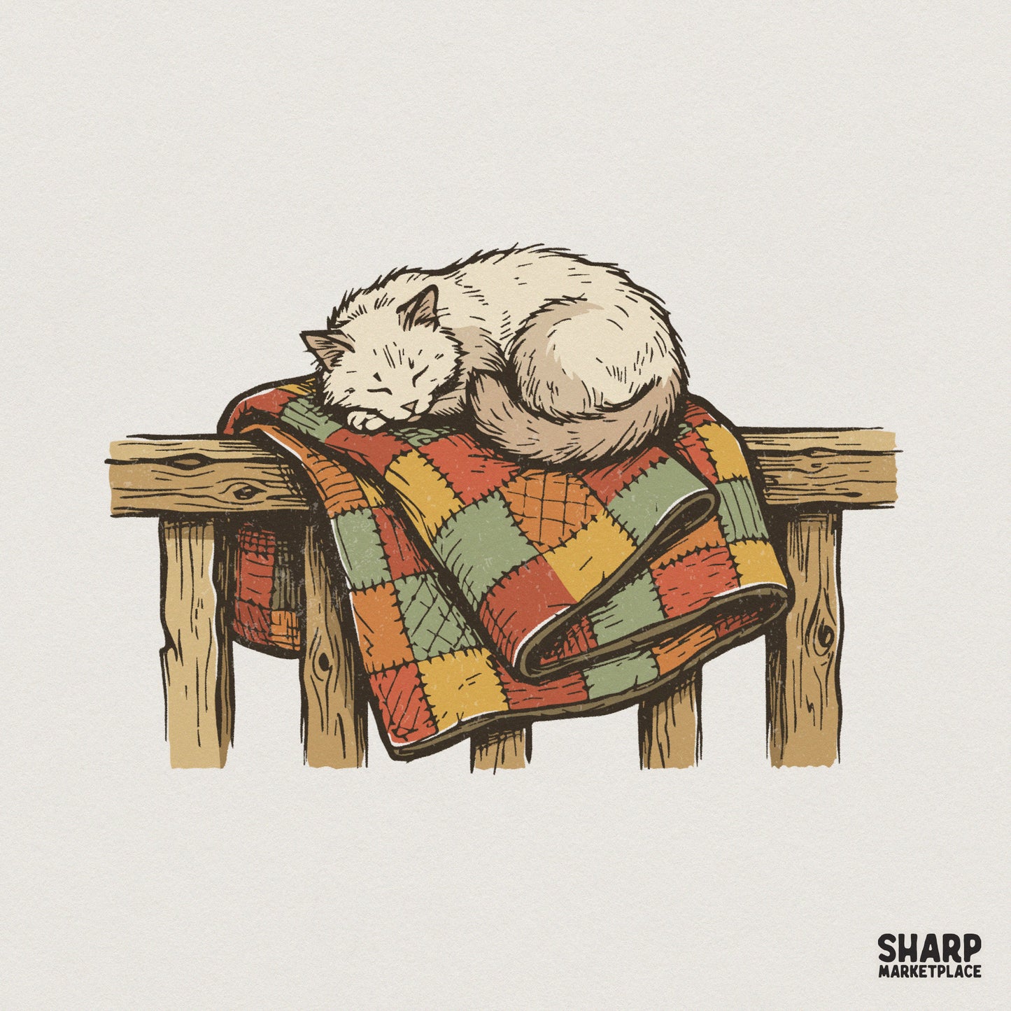 Sleeping Cat on Patchwork Quilt PNG, Vintage Cozy Cat Digital Download -