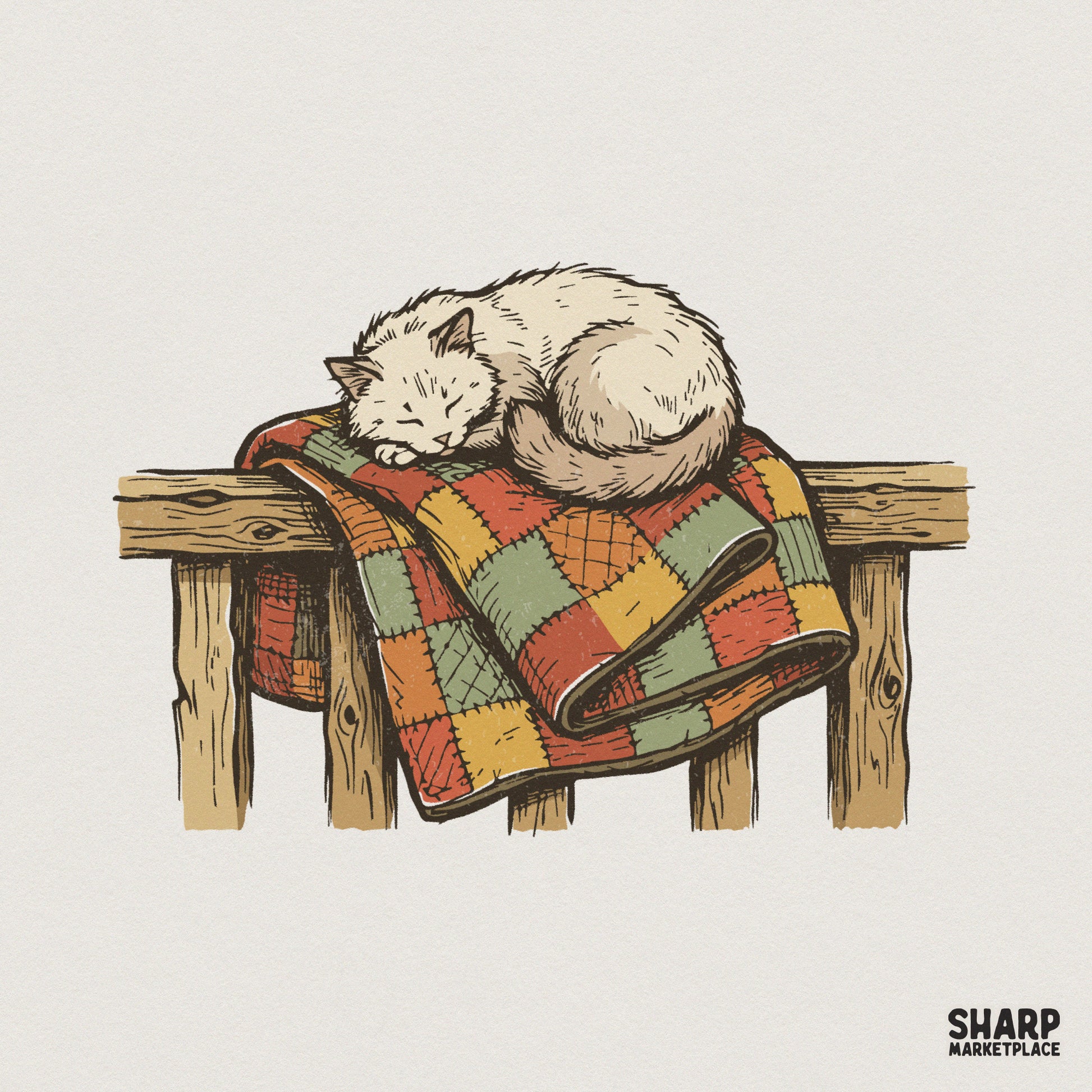 Sleeping Cat on Patchwork Quilt PNG, Vintage Cozy Cat Digital Download -