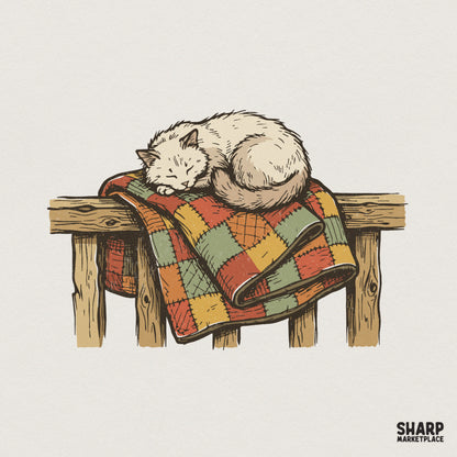 Sleeping Cat on Patchwork Quilt PNG, Vintage Cozy Cat Digital Download -