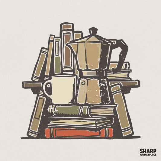 Rustic woodblock style illustration of a moka pot on a stack of vintage books with a coffee mug, perfect for cozy reading apparel and stickers.