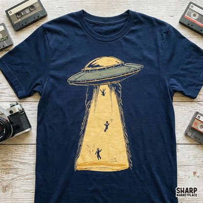 Retro flying saucer alien abduction PNG graphic with dark aesthetic for Halloween t-shirts