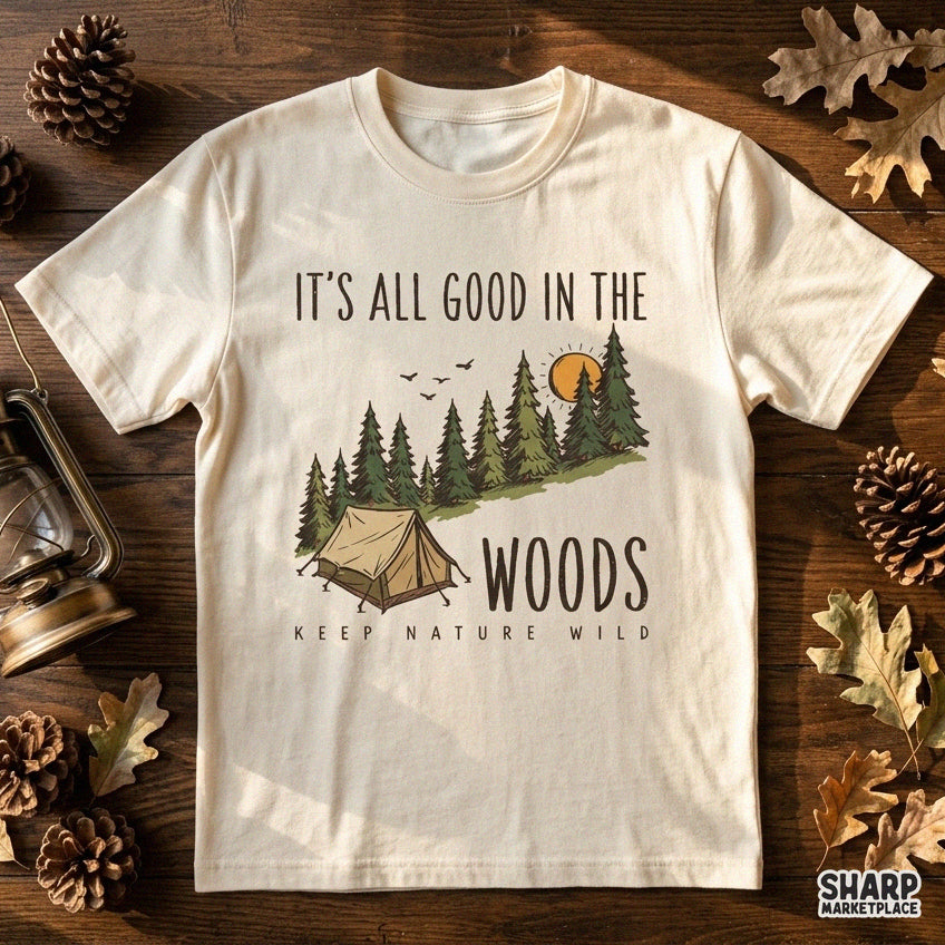 Retro camping tent and pine tree graphic with Keep Nature Wild text for outdoor adventure t-shirts