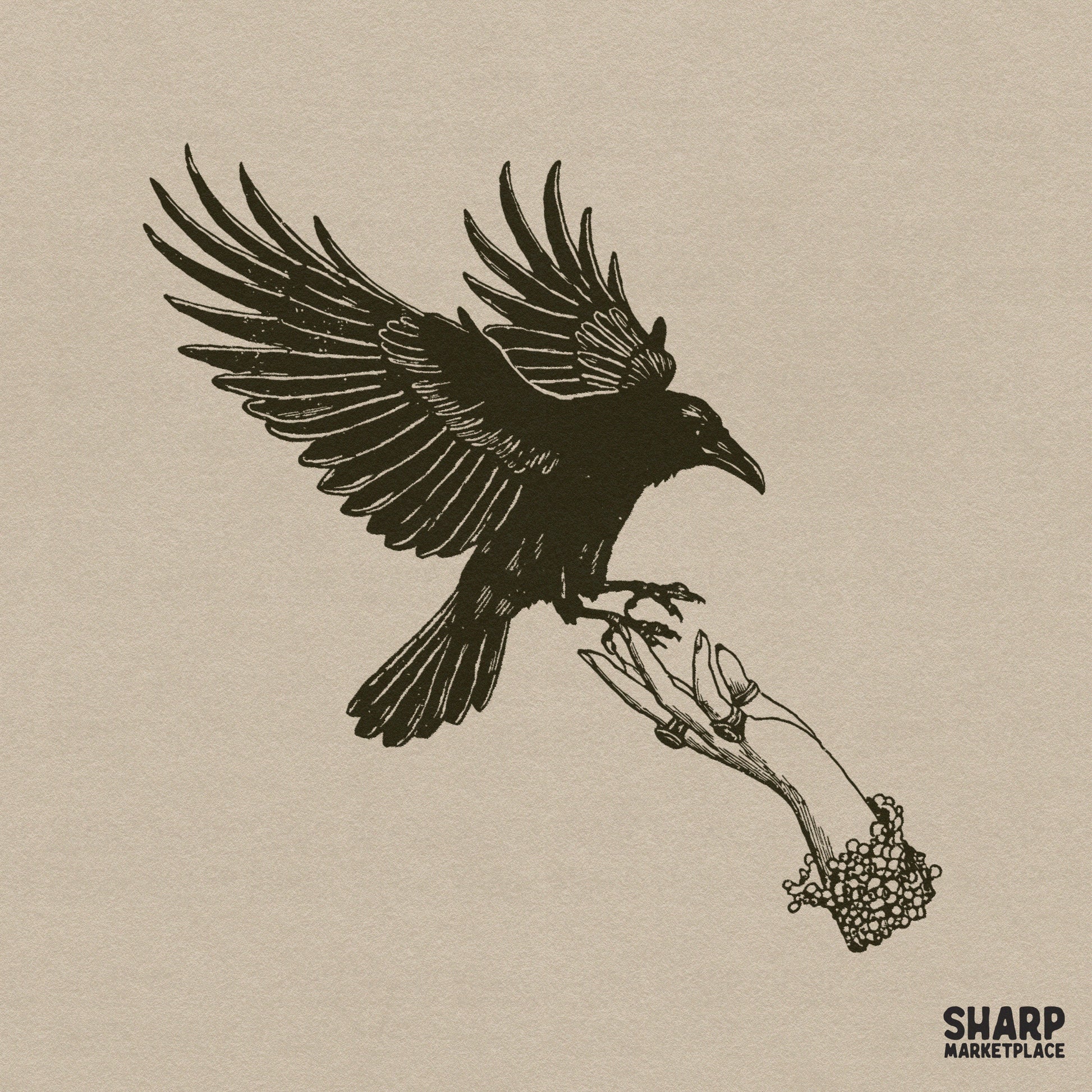 Gothic black raven landing on a creepy jeweled hand spooky halloween png for retro horror witch t-shirts and fall decor