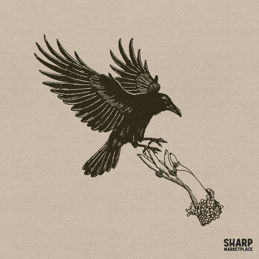Gothic black raven landing on a creepy jeweled hand spooky halloween png for retro horror witch t-shirts and fall decor