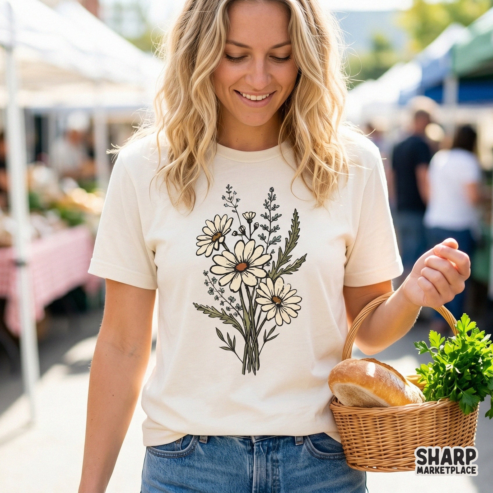 Vintage-inspired wildflower daisy bunch illustration with charcoal grey line work and soft green accents, perfect for sublimation and DIY projects.