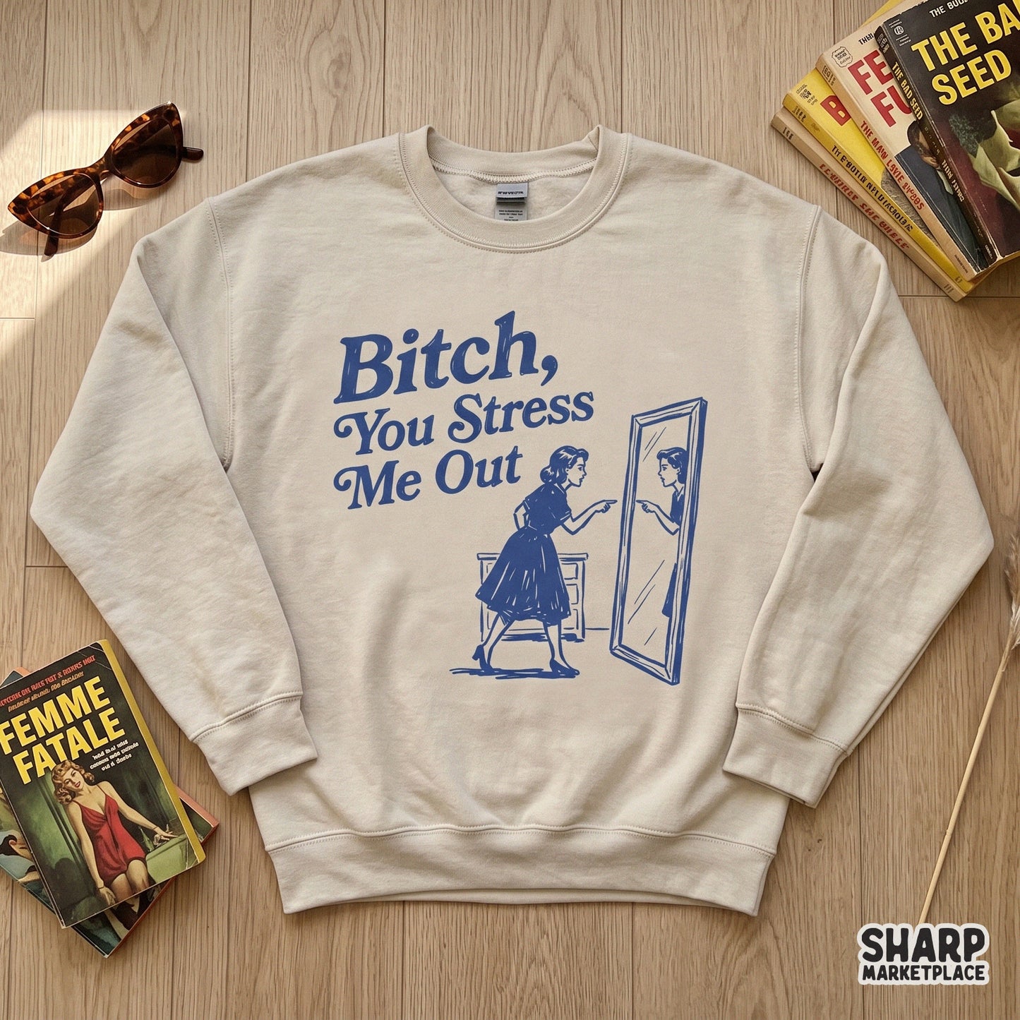 Distressed navy blue digital design showing a woman pointing at her reflection in a mirror with the text Bitch You Stress Me Out for sublimation.