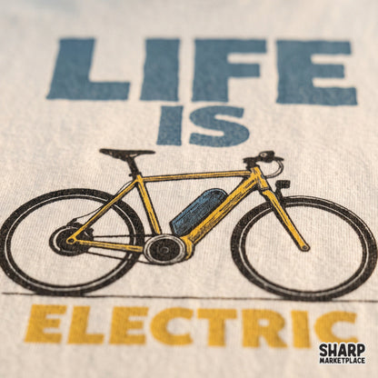 Retro yellow electric bike graphic with Life Is Electric phrase for cycling lover t-shirts