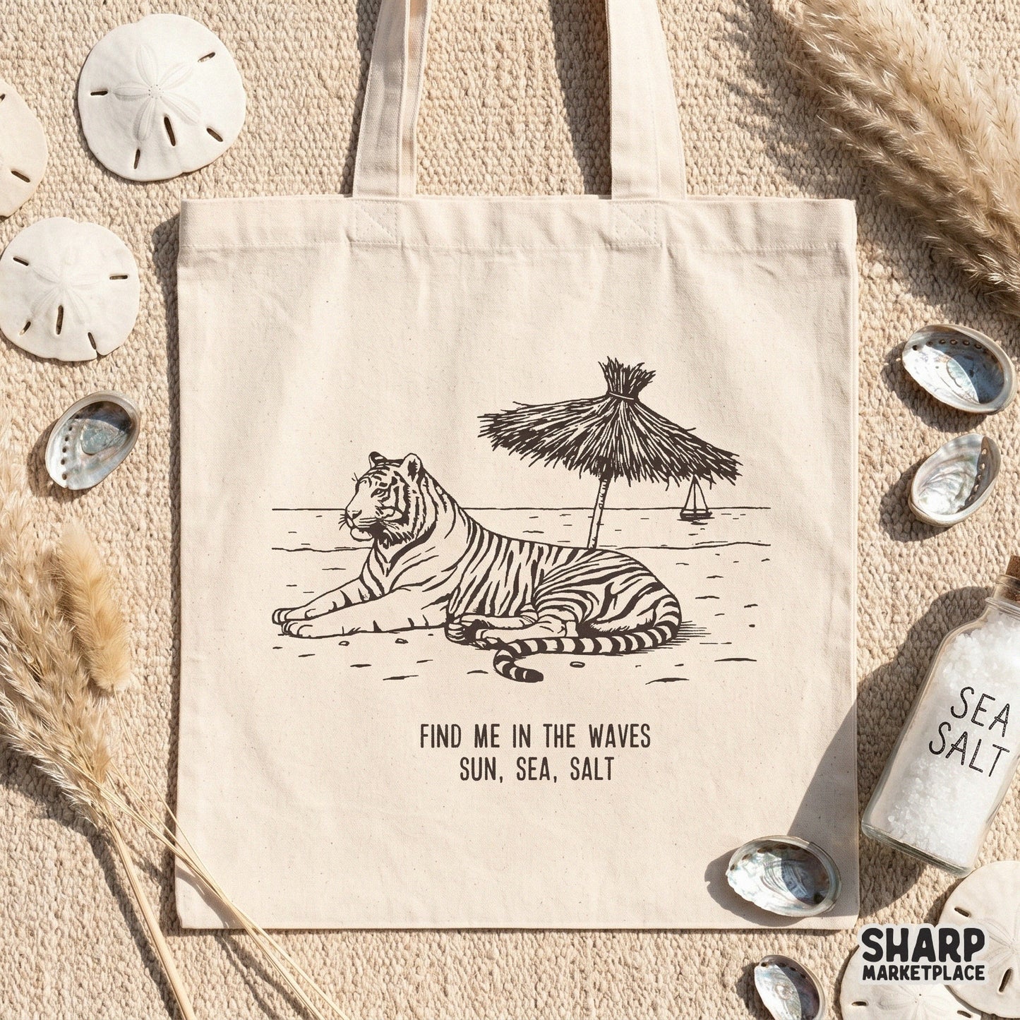 Vintage summer tiger on a beach aesthetic design for trendy t-shirt graphic and summer png printable art