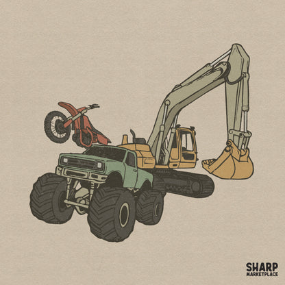 Monster truck excavator and dirt bike pile sublimation design for boys trendy racing shirts