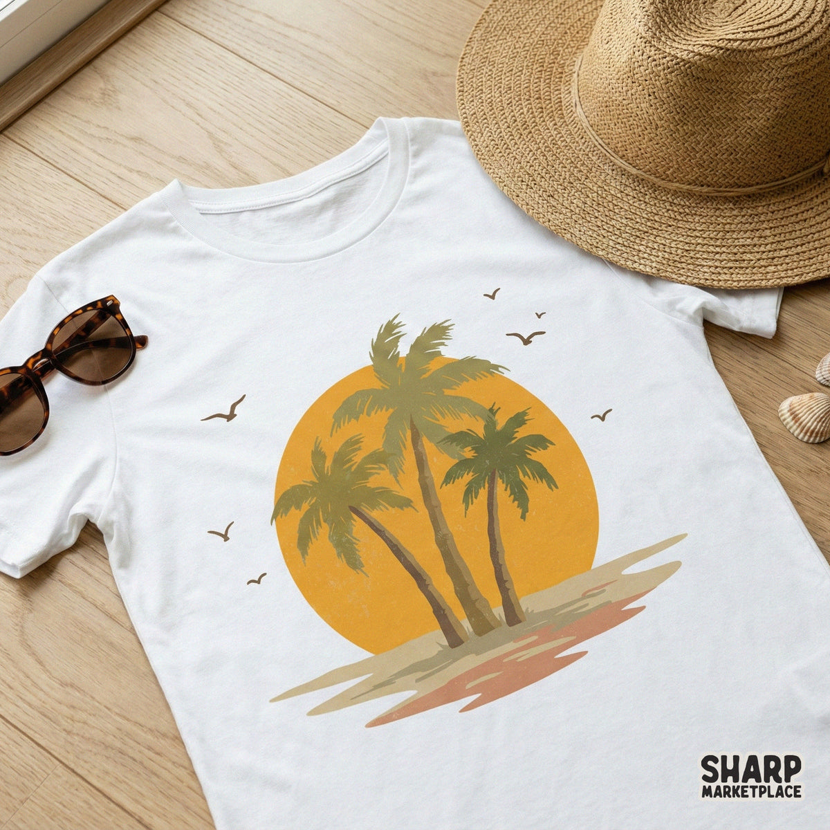Minimalist tropical sunset clipart with hand-drawn palm trees and birds in flight, designed for custom stickers, tumblers, and beach-themed crafts.
