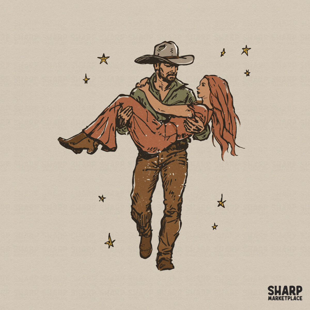 Hand-drawn western cowboy couple illustration in a vintage style with sage green and dusty rose colors, perfect for sublimation and shirt printing.