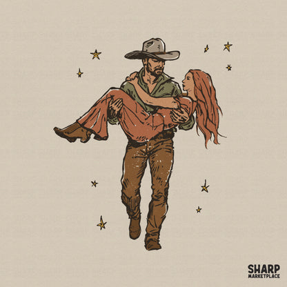 Hand-drawn western cowboy couple illustration in a vintage style with sage green and dusty rose colors, perfect for sublimation and shirt printing.