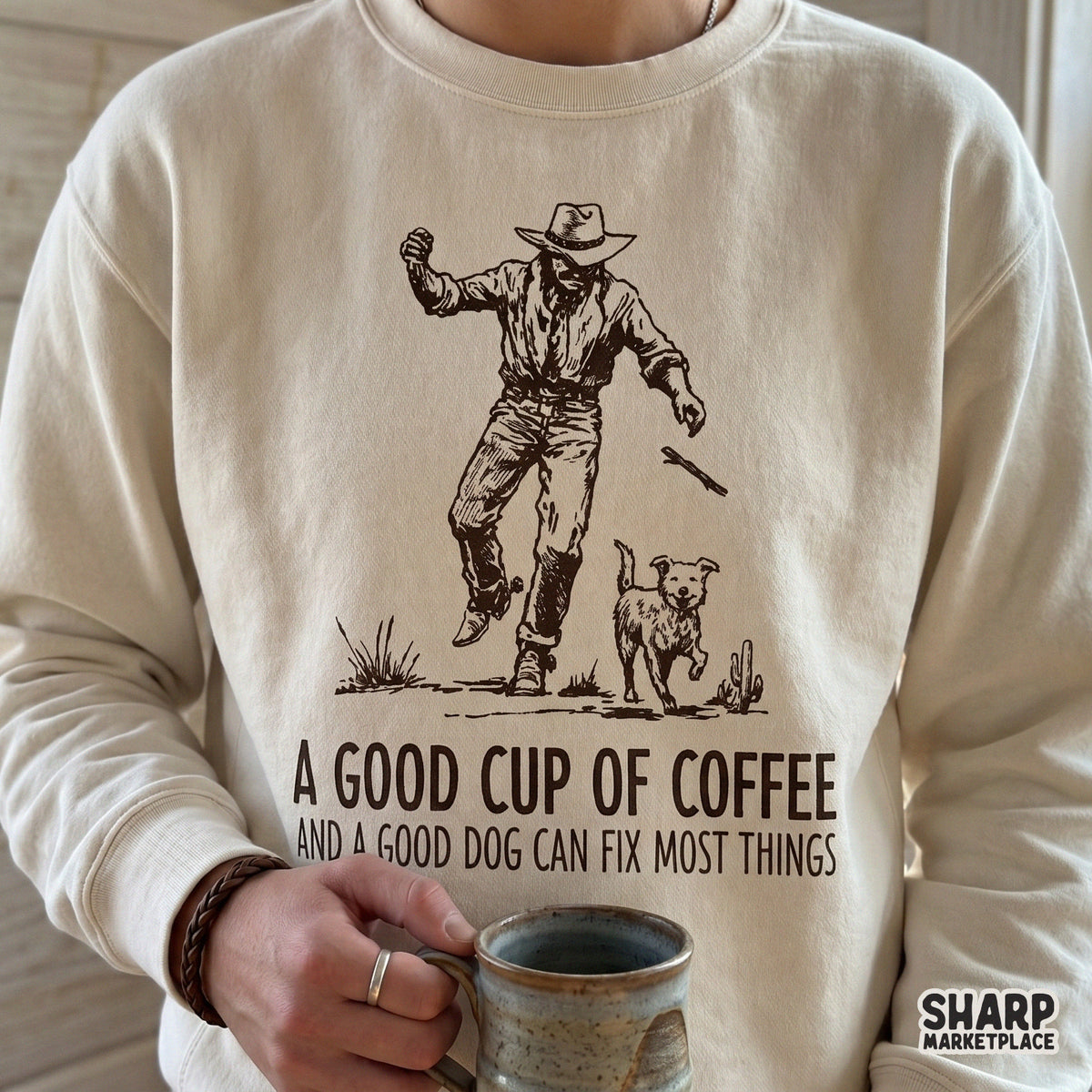 Detailed vintage-style western graphic with a cowboy and dog, designed for high-quality sublimation transfers, t-shirt printing, and home decor.