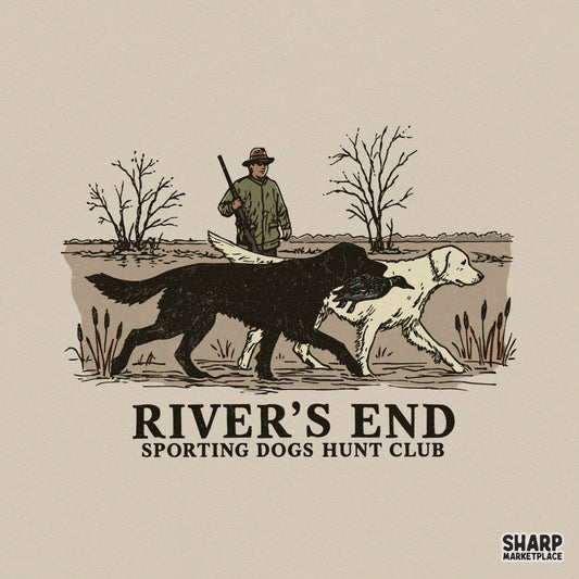 Vintage hunting scene digital design with two retrievers and a hunter, featuring the text River's End Sporting Dogs Hunt Club in earth tones.