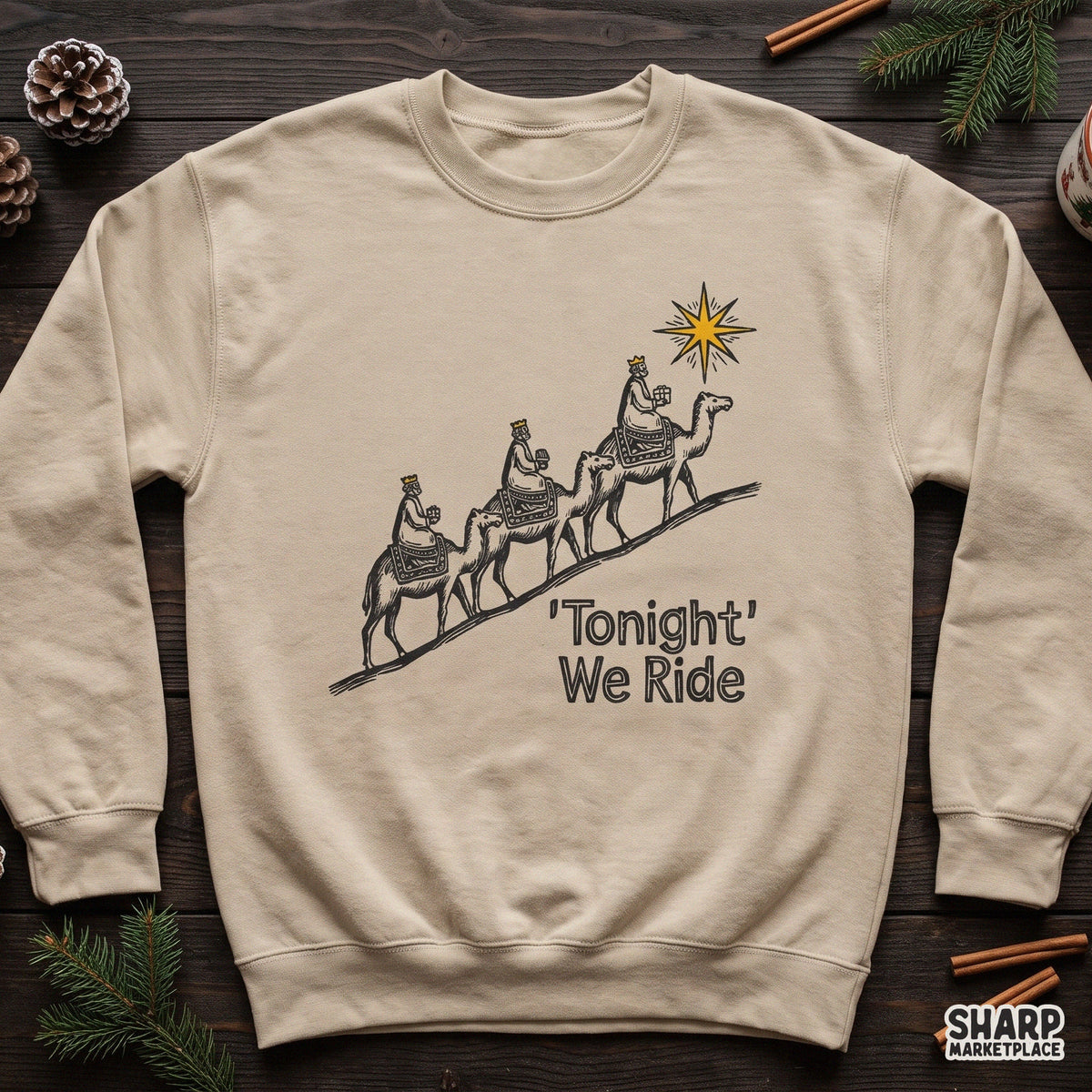 Three Wise Men riding camels under a nativity star vintage Christian PNG design for Christmas t-shirts and apparel