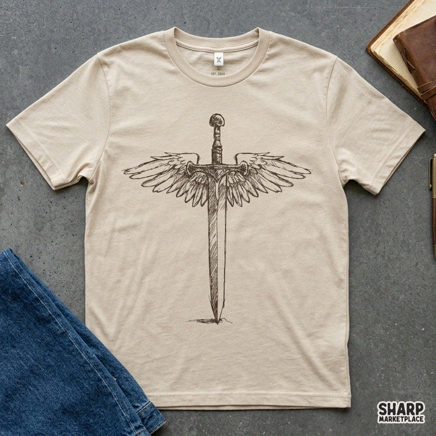 Angelic winged sword fantasy sketch PNG design for retro Christian faith shirts and apparel