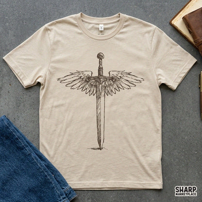 Angelic winged sword fantasy sketch PNG design for retro Christian faith shirts and apparel