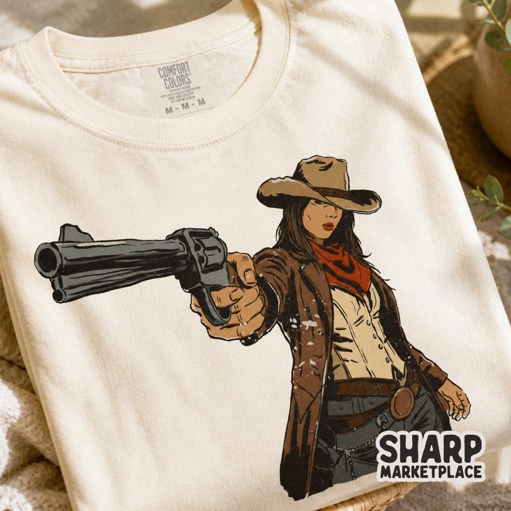 Rustic rodeo style cowgirl artwork with a revolver, designed for print-on-demand shirts, tumblers, and western-themed home decor projects.