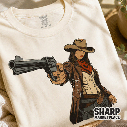 Rustic rodeo style cowgirl artwork with a revolver, designed for print-on-demand shirts, tumblers, and western-themed home decor projects.