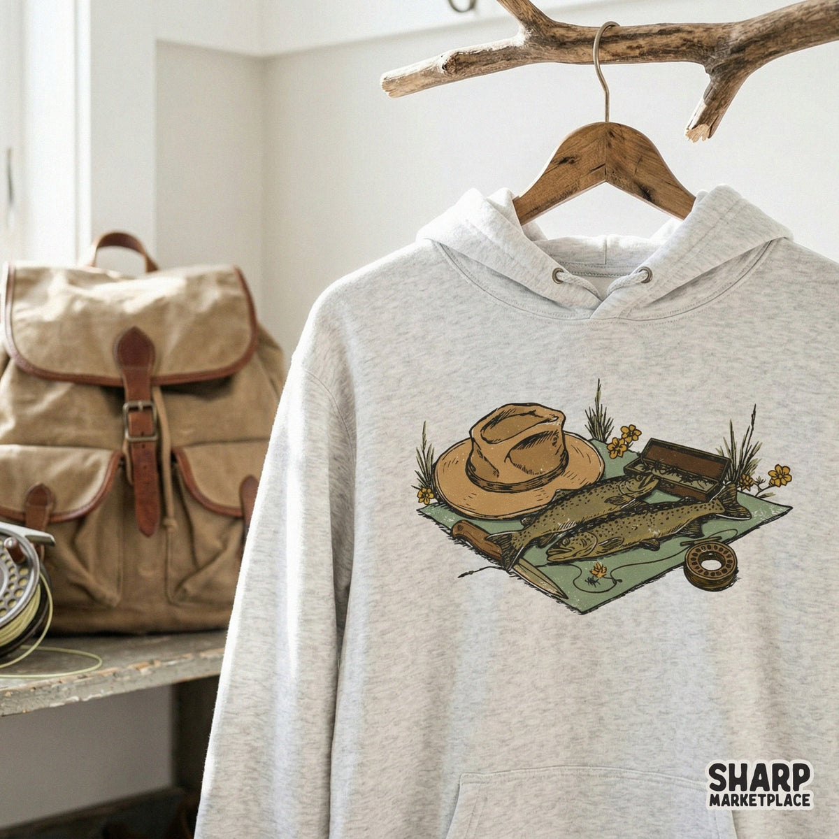 Detailed outdoor-themed sublimation design with trout, tackle box, and fishing accessories in muted earth tones, perfect for custom shirts or stickers.