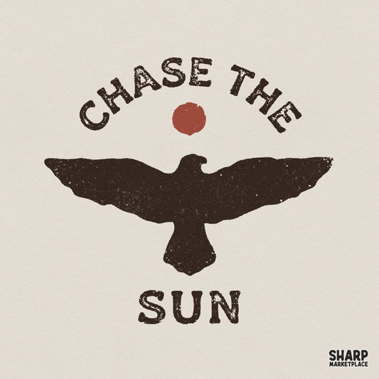 Vintage style Chase The Sun design featuring a dark bird silhouette under a terracotta sun, perfect for apparel and nature-themed DIY projects.