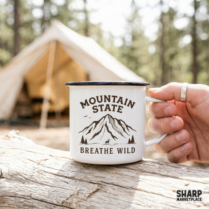 Minimalist mountain and deer illustration with rustic typography, ideal for western-themed sublimation transfers, stickers, and custom apparel.