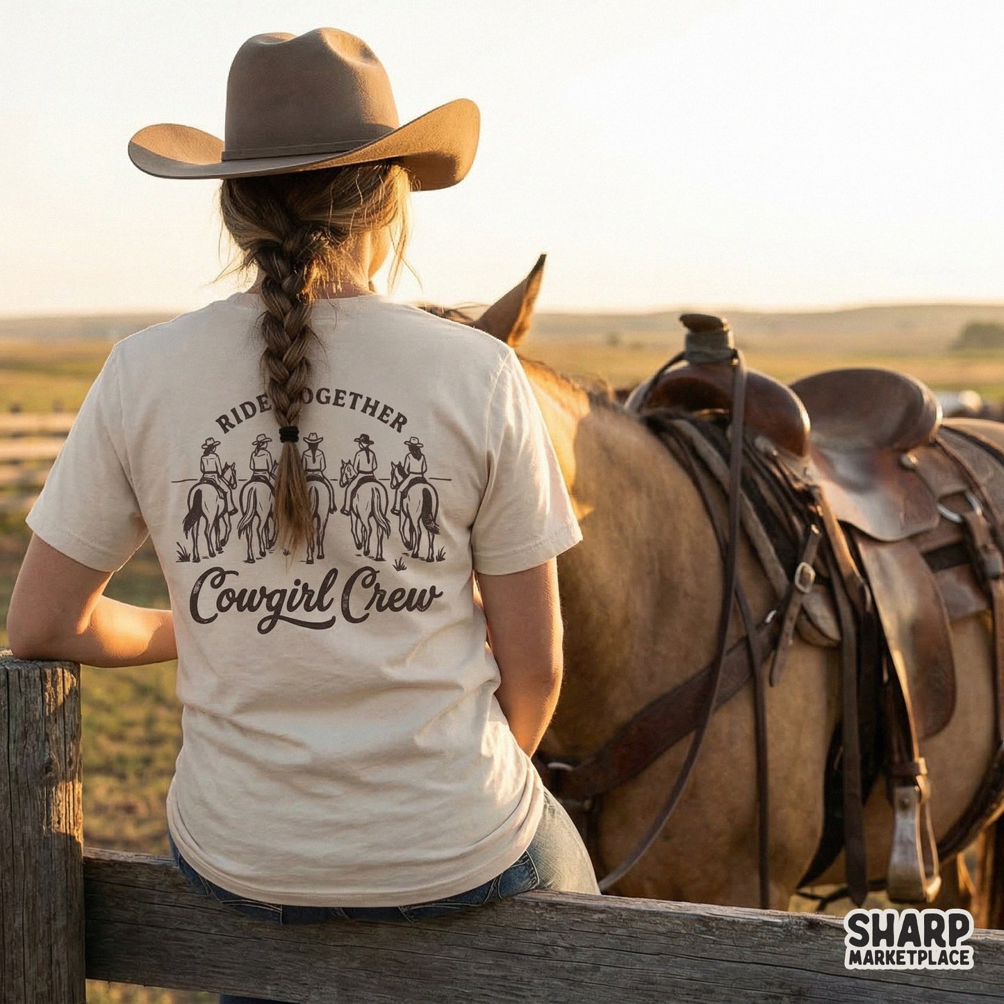 Sublimation design of five women riding horses viewed from behind with western typography, perfect for custom apparel and ranch-themed shirts.