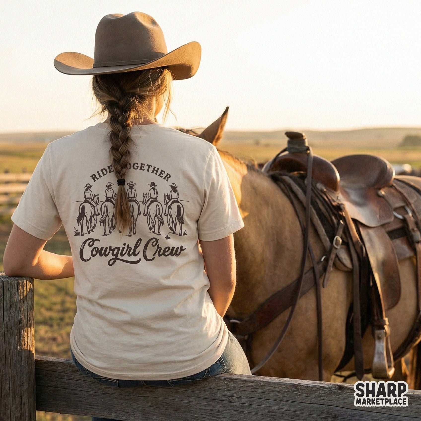 Sublimation design of five women riding horses viewed from behind with western typography, perfect for custom apparel and ranch-themed shirts.