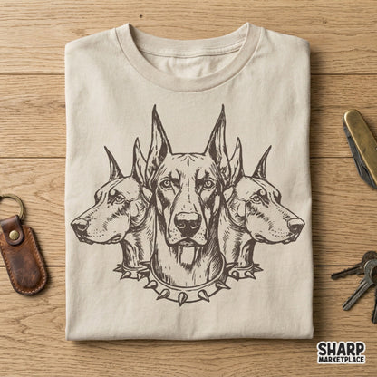 Symmetrical triple Doberman guard dog graphic with detailed cross-hatching and ink-wash textures, perfect for custom apparel, DTF, or sublimation.