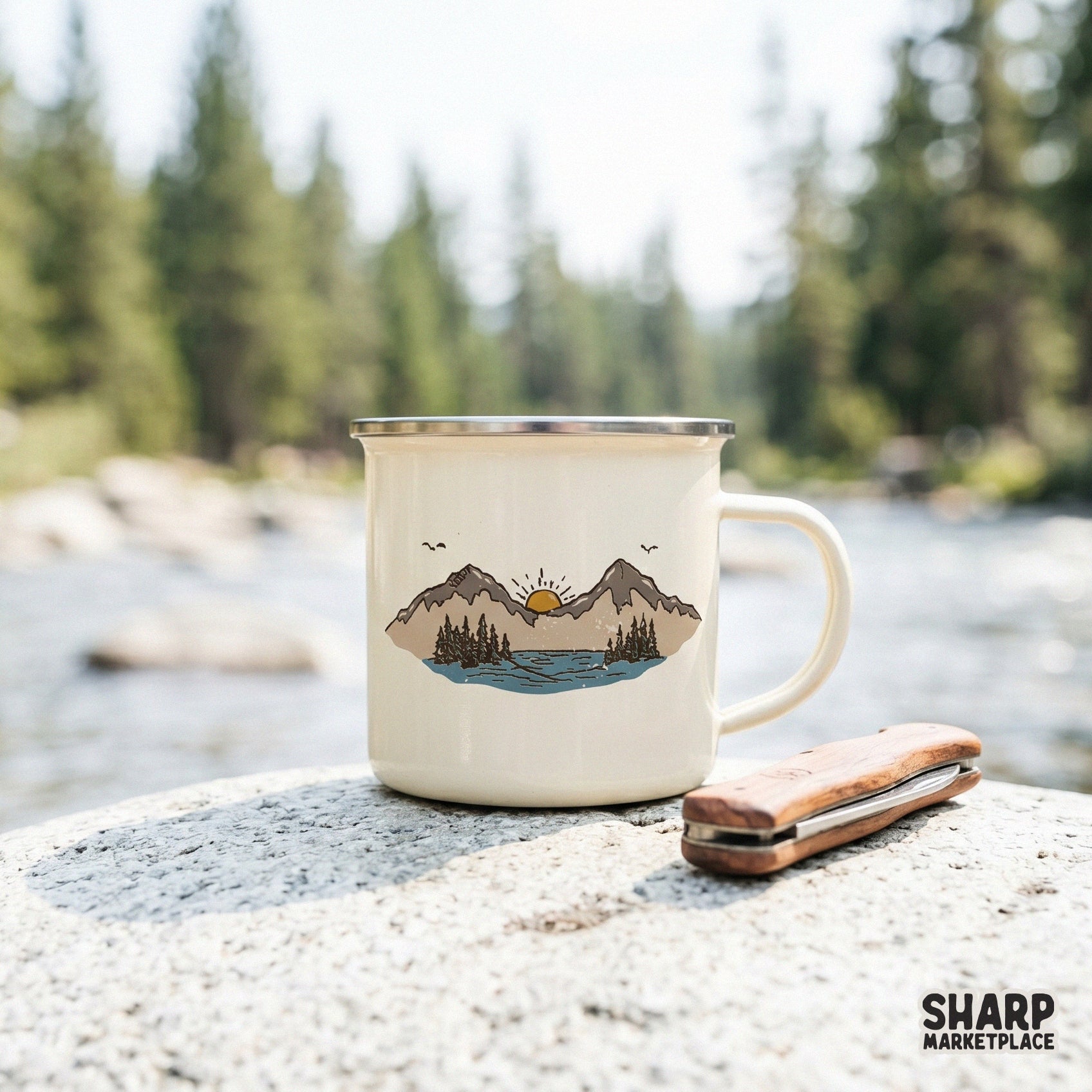 Hand-drawn mountain lake landscape with a golden sun and pine forest shore, ideal for retro camping sublimation transfers and nature-inspired stickers.