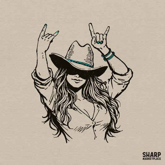 Hand-drawn line art of a cowgirl in a western hat making rock and roll hand signs, featuring teal accents on her nails and accessories.