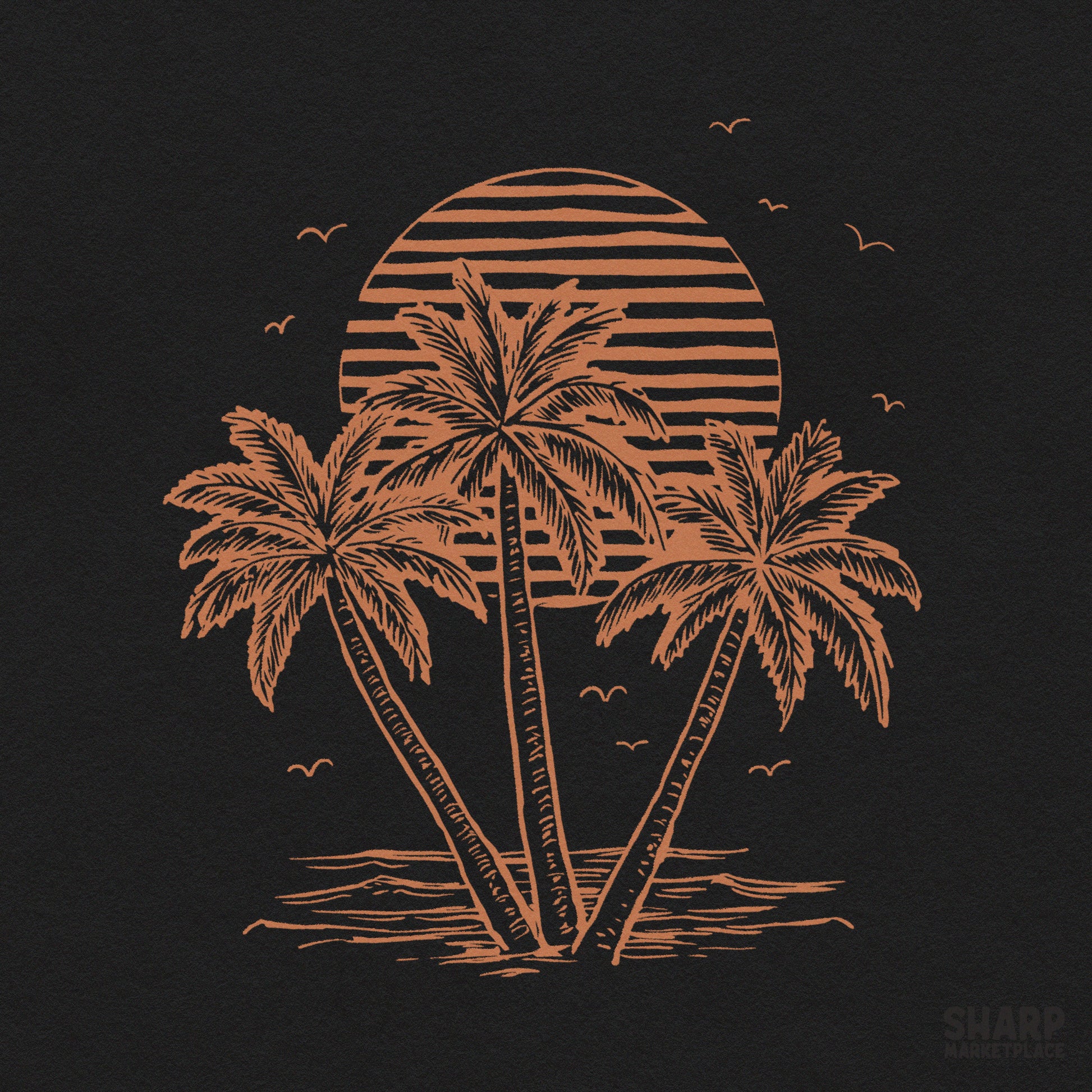 Vintage ocean sunset with three palm trees in a retro summer style for trendy beach shirts and tropical sublimation designs