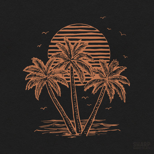Vintage ocean sunset with three palm trees in a retro summer style for trendy beach shirts and tropical sublimation designs