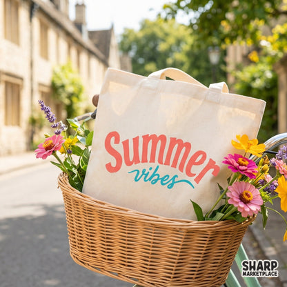 Trendy Summer Vibes PNG design with textured coral and turquoise typography, displayed on a canvas tote bag for beach or pool day apparel.