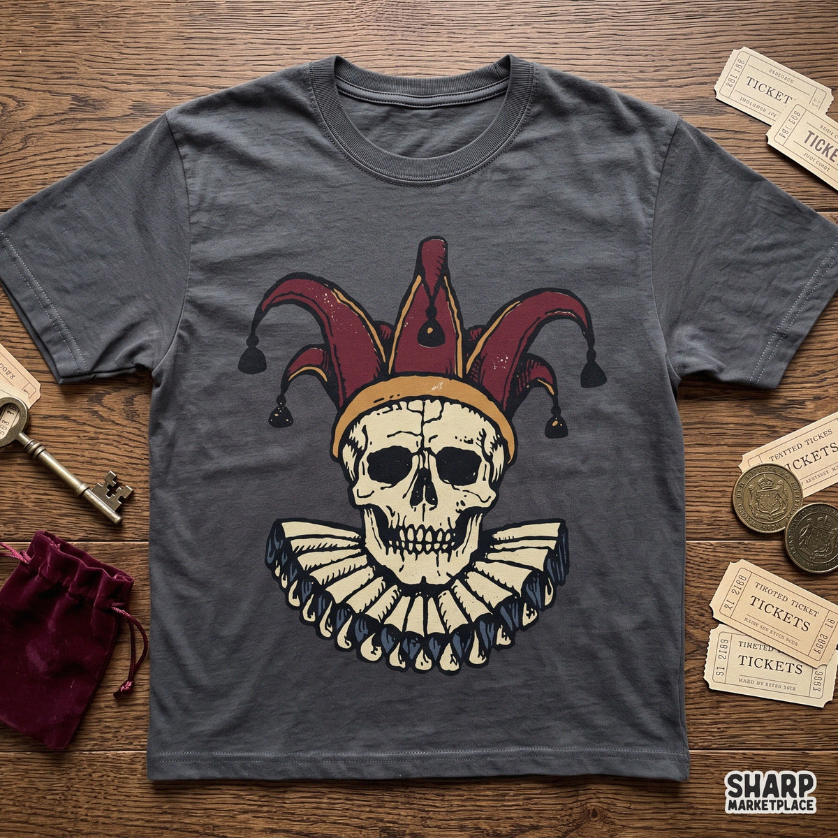 Medieval jester skull with ruffled collar and hat clipart for creepy Halloween t-shirt design