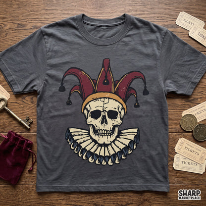 Medieval jester skull with ruffled collar and hat clipart for creepy Halloween t-shirt design