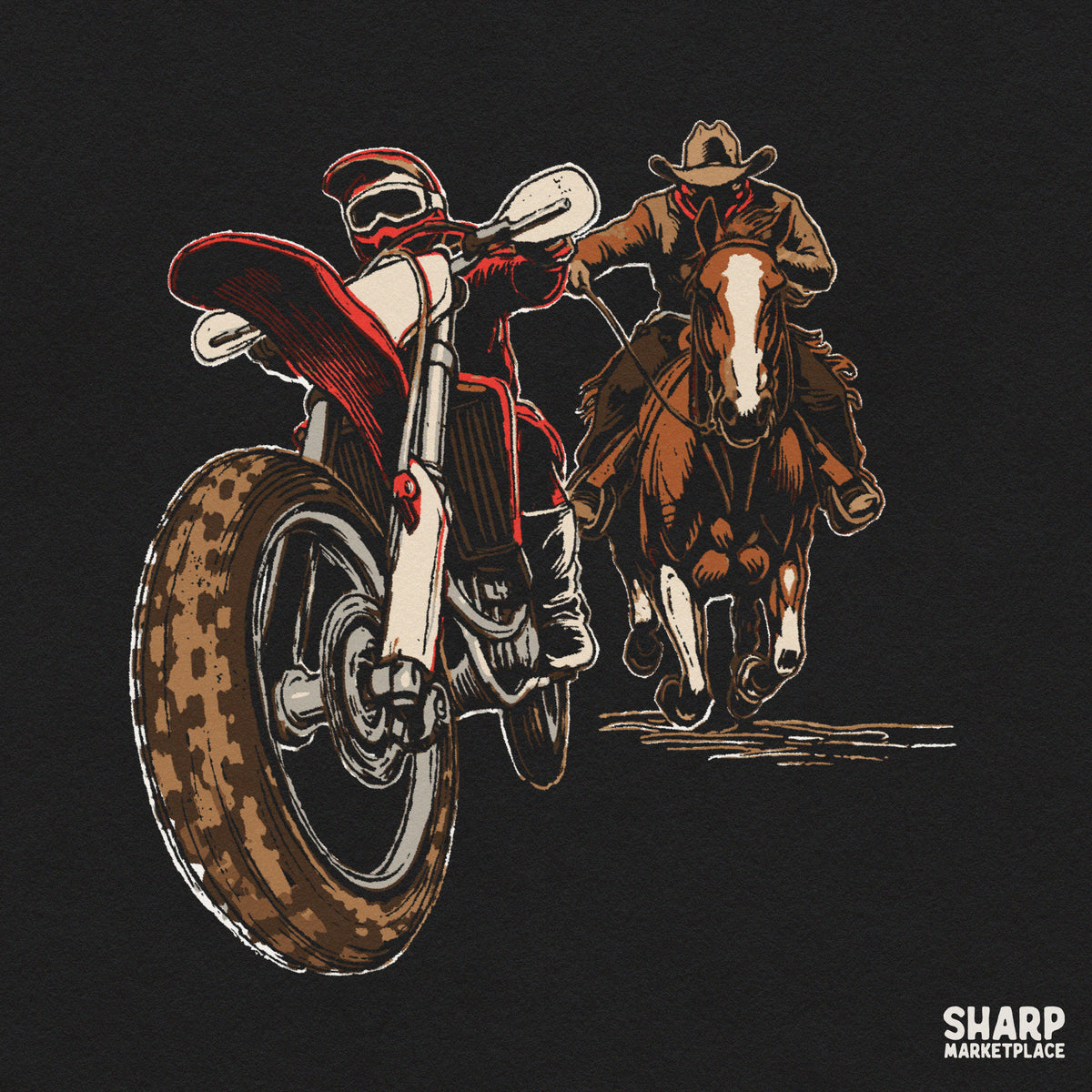 Retro cowboy on a horse racing a motocross dirt bike rider western PNG graphic for country apparel and shirts