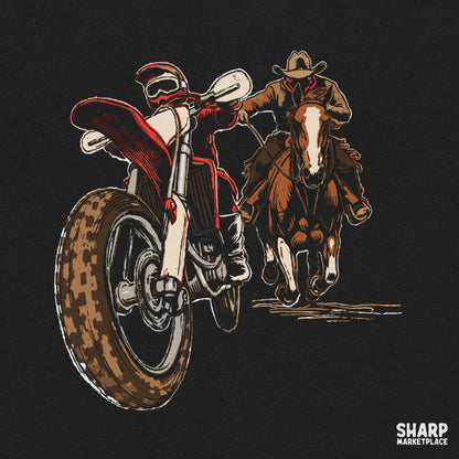 Retro cowboy on a horse racing a motocross dirt bike rider western PNG graphic for country apparel and shirts