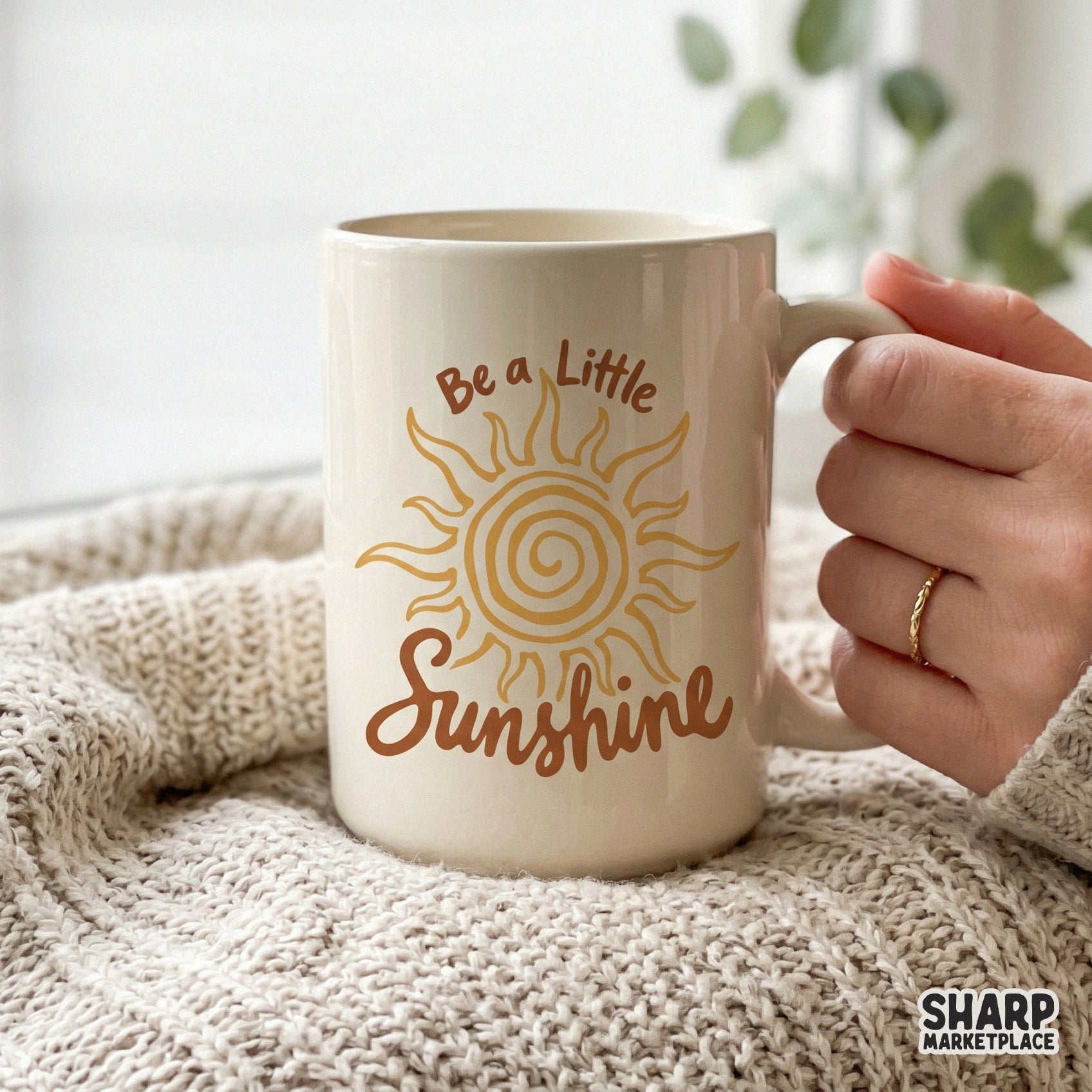 Boho style sunshine quote design with a retro spiral sun illustration, suitable for print-on-demand apparel and cheerful summer-themed crafts.